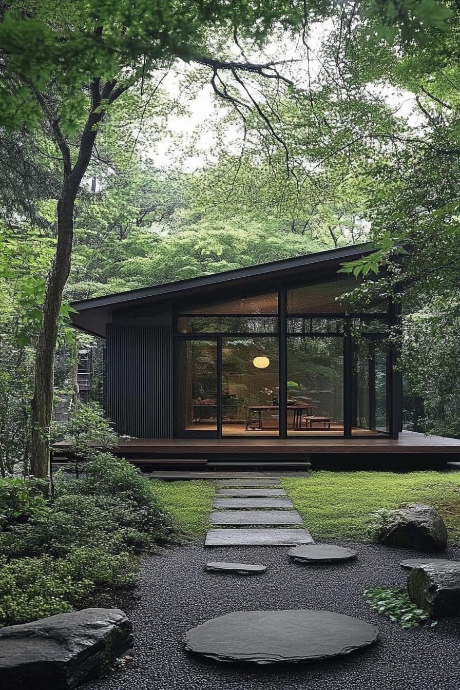 Minimalist house surrounded by lush greenery