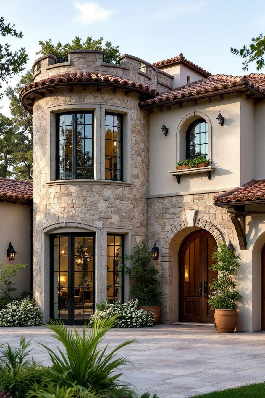 A stone tower with large windows on a Tuscan house