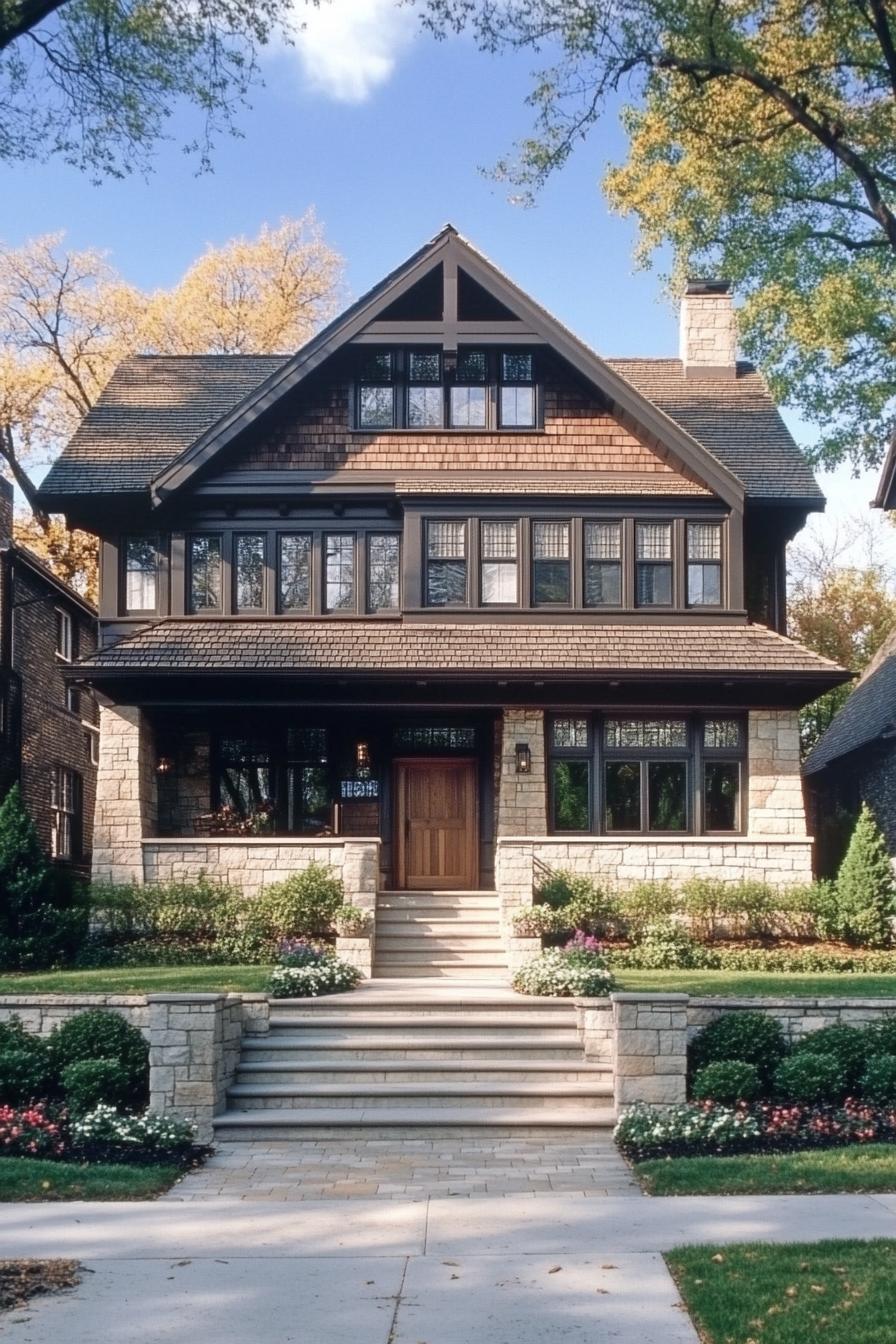 Two-story craftsman house with a stone facade and wooden elements