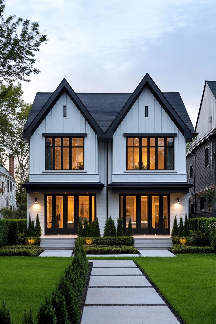 Elegant modern duplex with twin gabled roofs