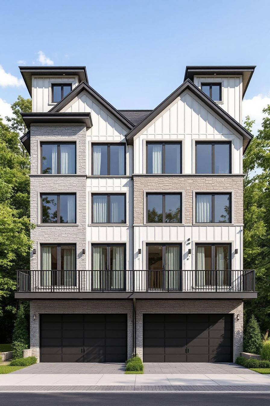 Modern duplex with gable rooftops and large windows