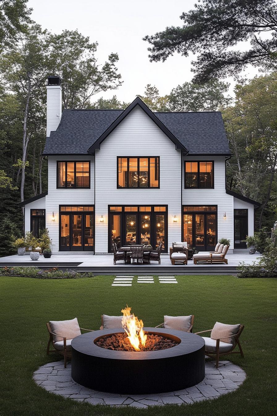 Cozy house with large windows and outdoor fire pit