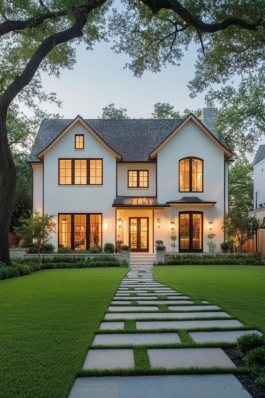 Two-story house with large windows and a spacious lawn