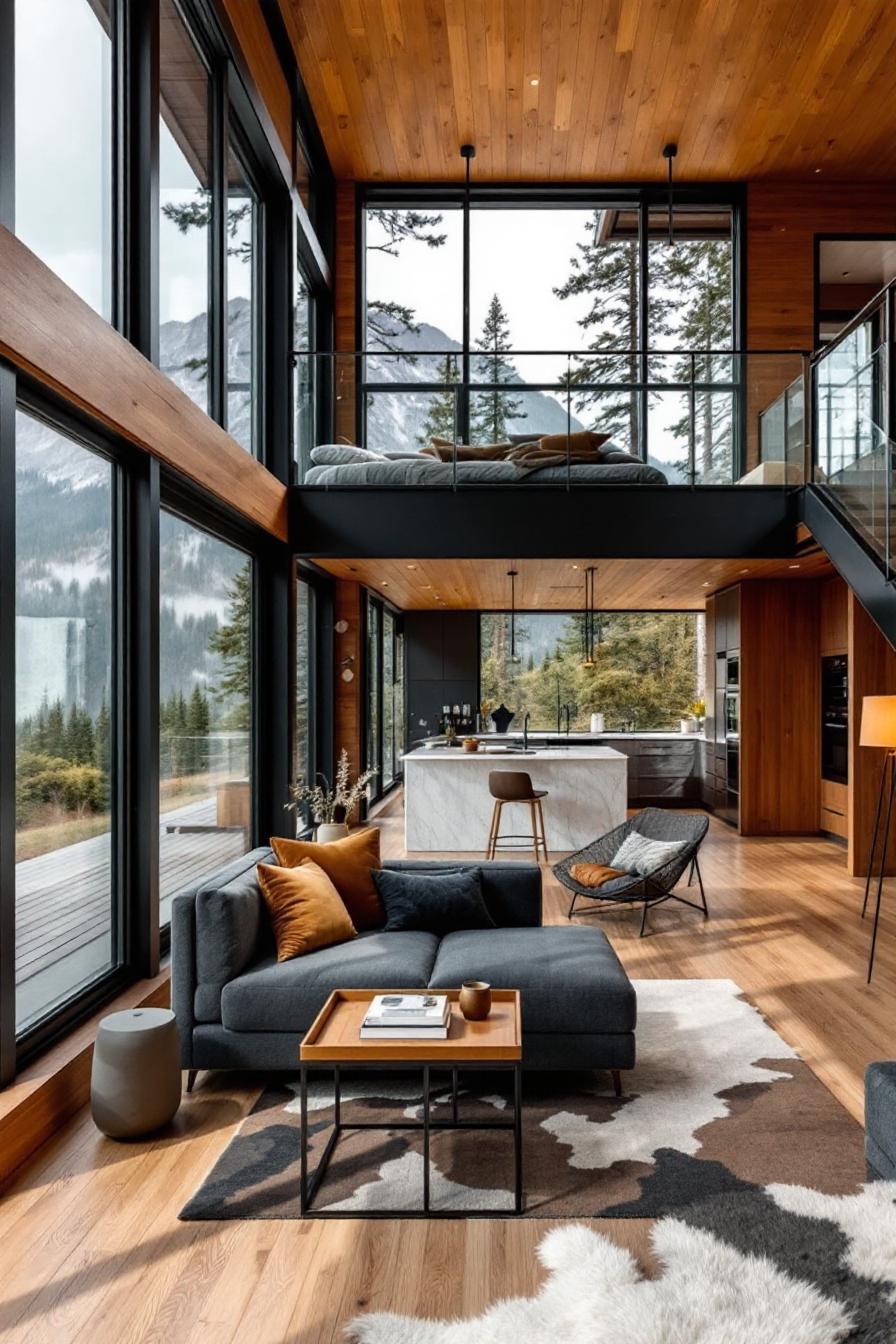 Modern cabin interior with large windows and rustic charm