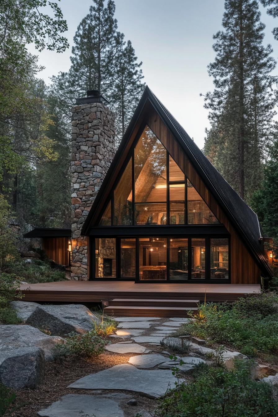 A-frame cabin with floor-to-ceiling windows and stone chimney