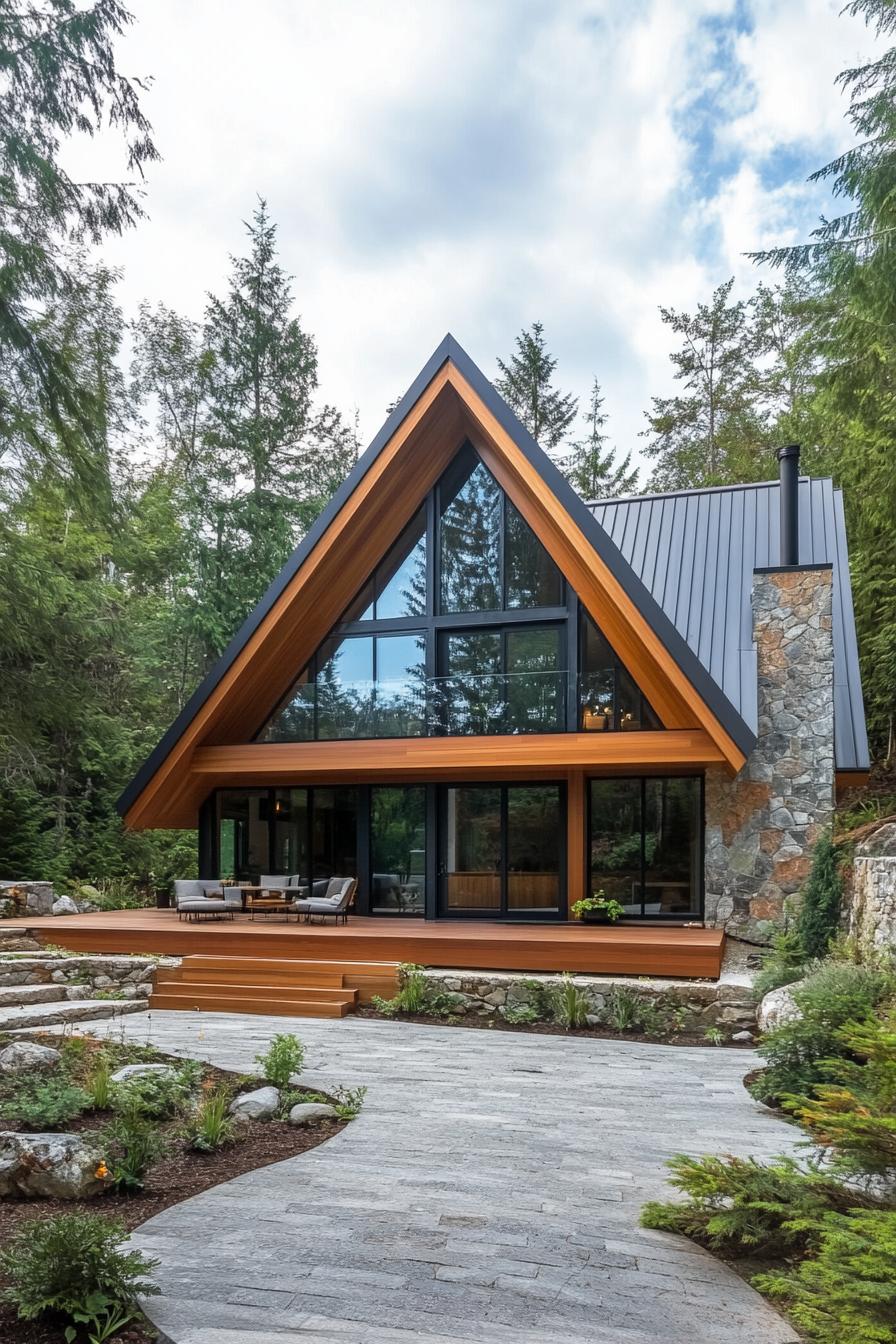 Cozy cabin with glass front nestled in the woods