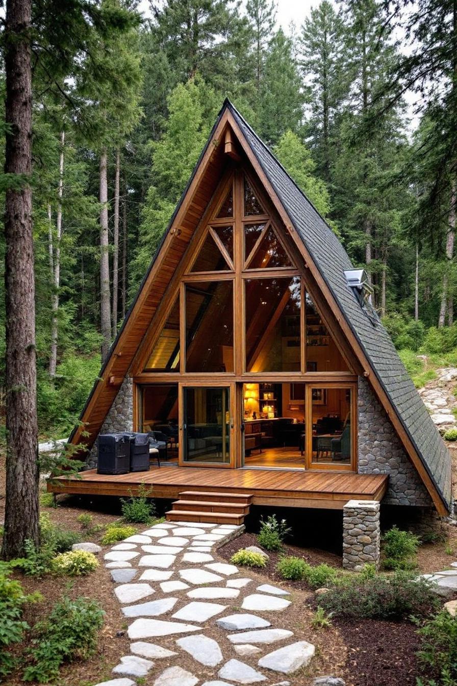 A-Frame Cabin with Glass Front and Stone Accents