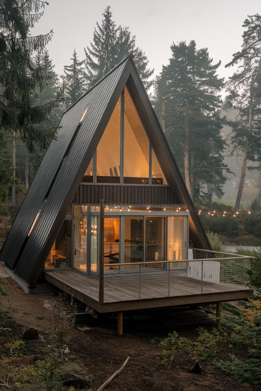 A-Frame house with large windows and string lights