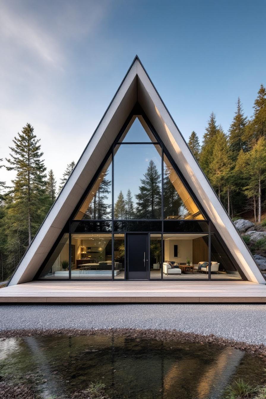 A-frame house with glass facade by the woods