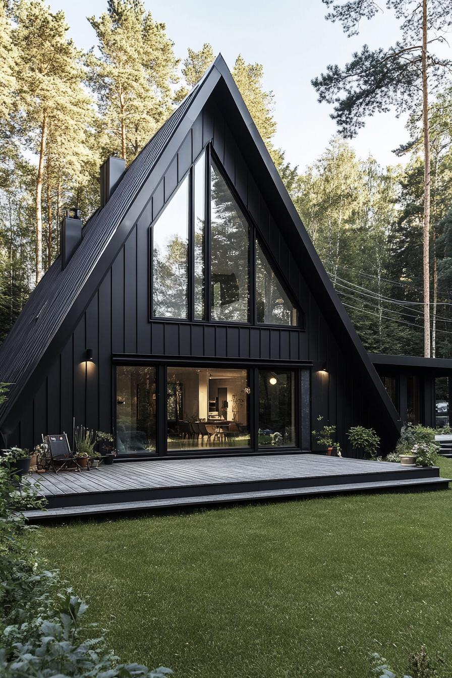 Modern A-frame house in a wooded setting with a glass facade