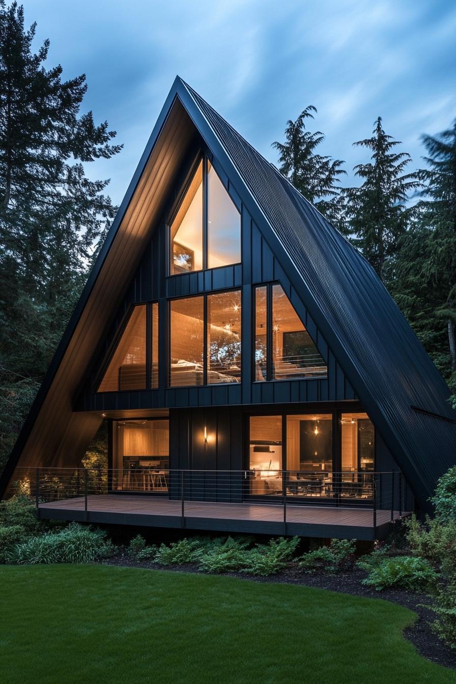 Triangle-shaped house nestled in lush forest