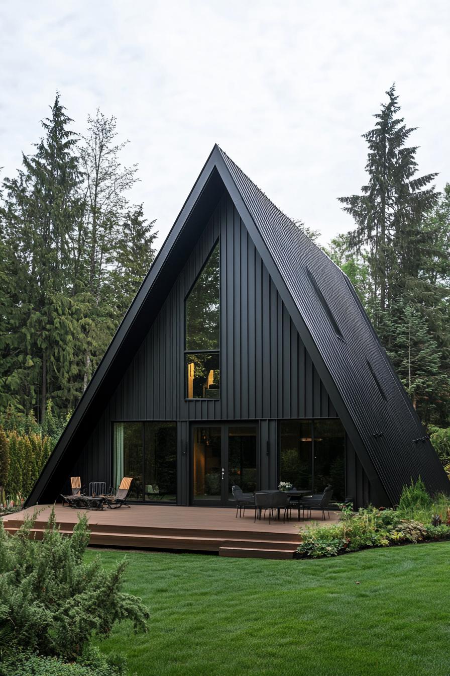 A-frame cabin in a lush forest setting