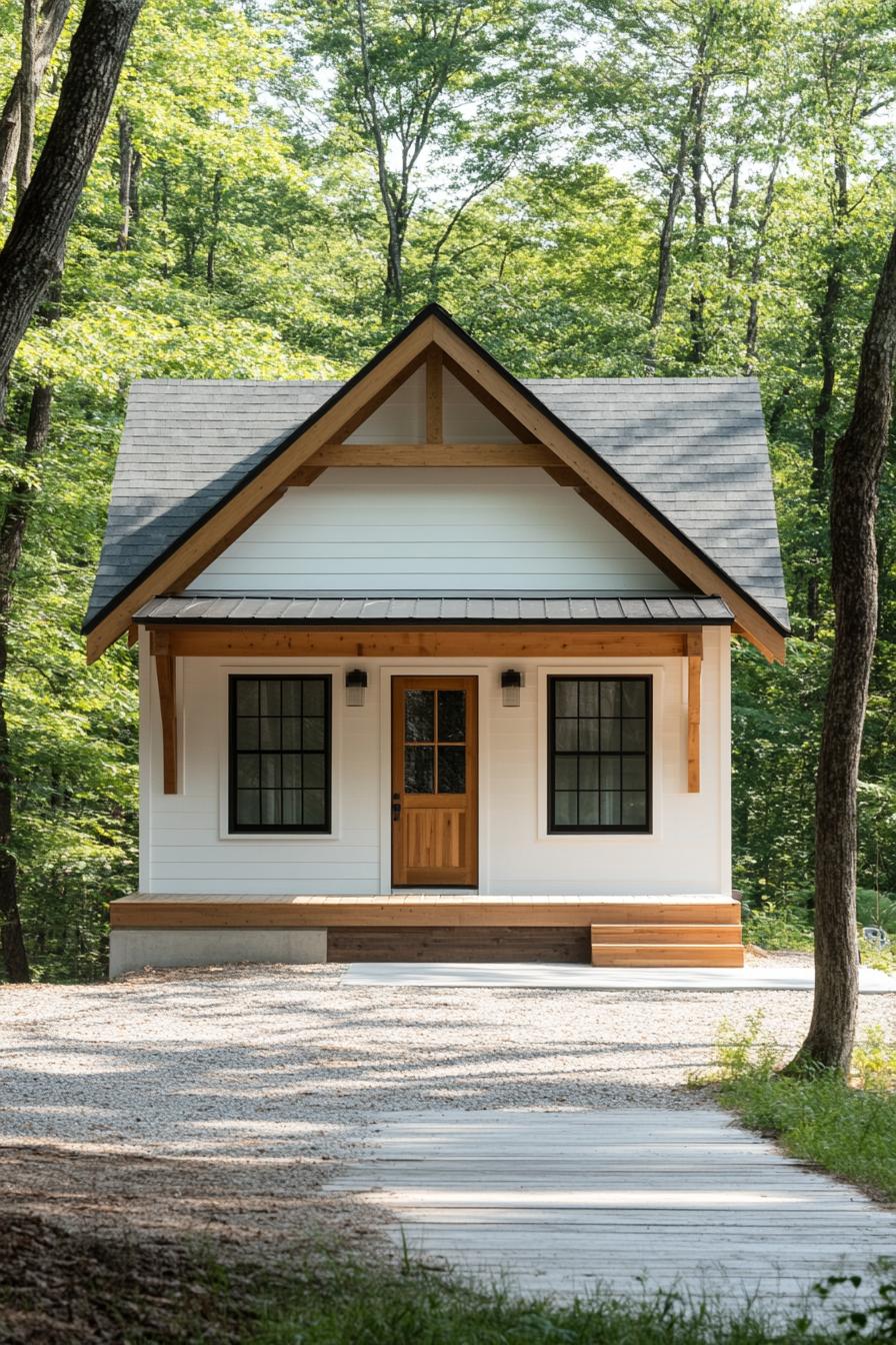 Small white house with a wooden porch in a lush forest setting