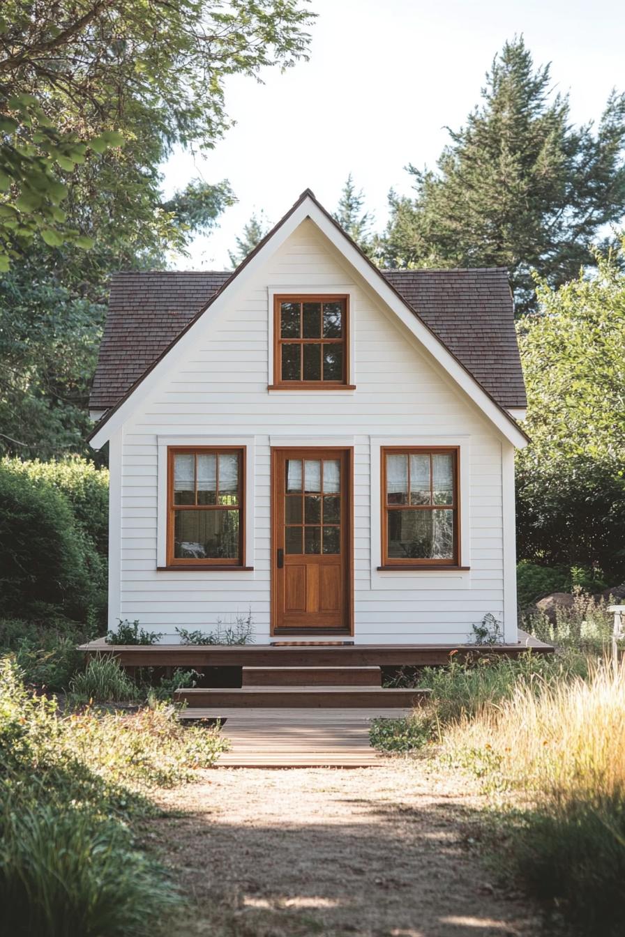 Cozy white cottage with wooden accents