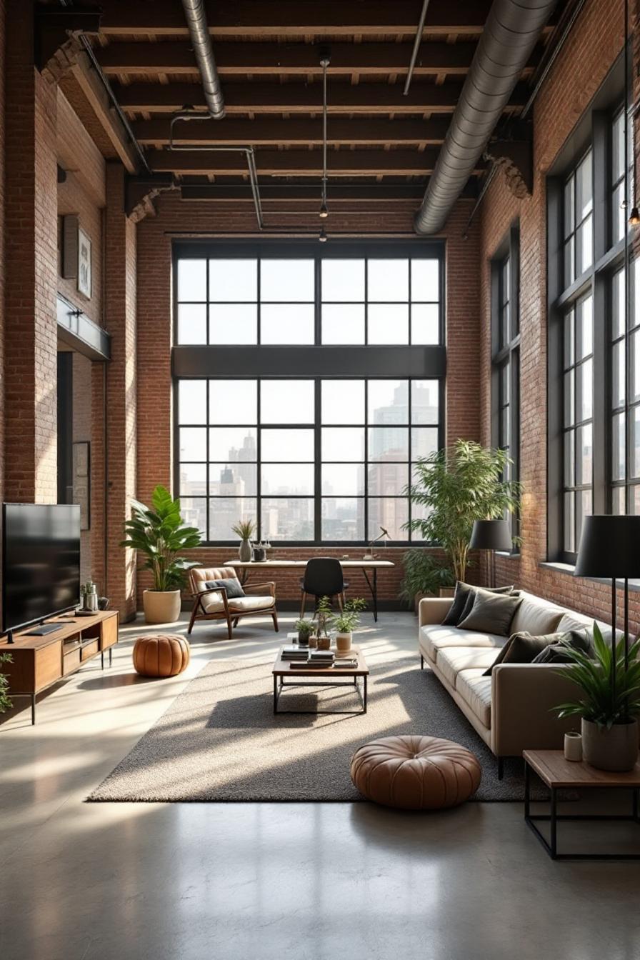 Cozy loft apartment with large windows and brick walls