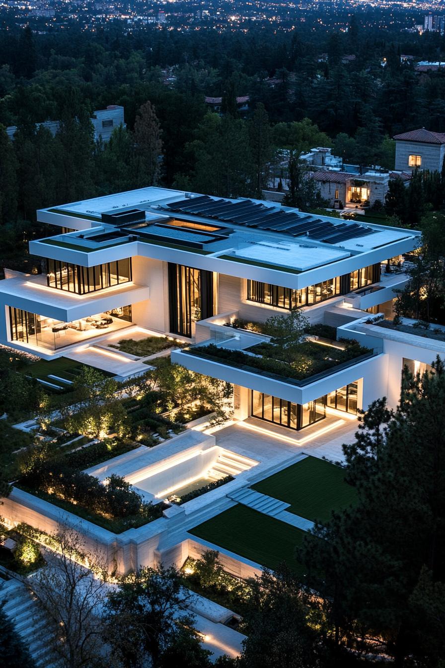 Luxurious mansion with sleek architecture at dusk