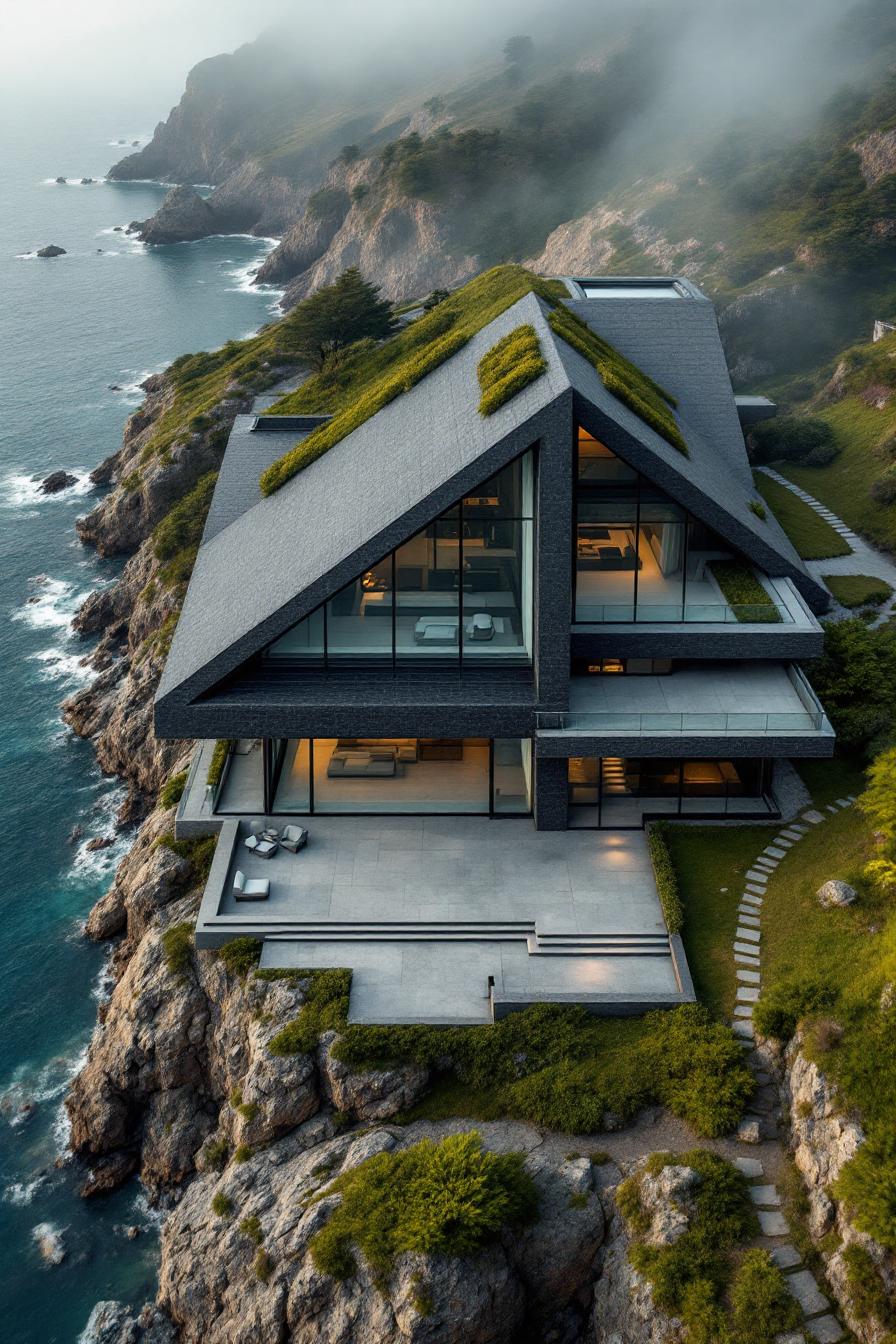 Modern concrete house beside rocky coastline