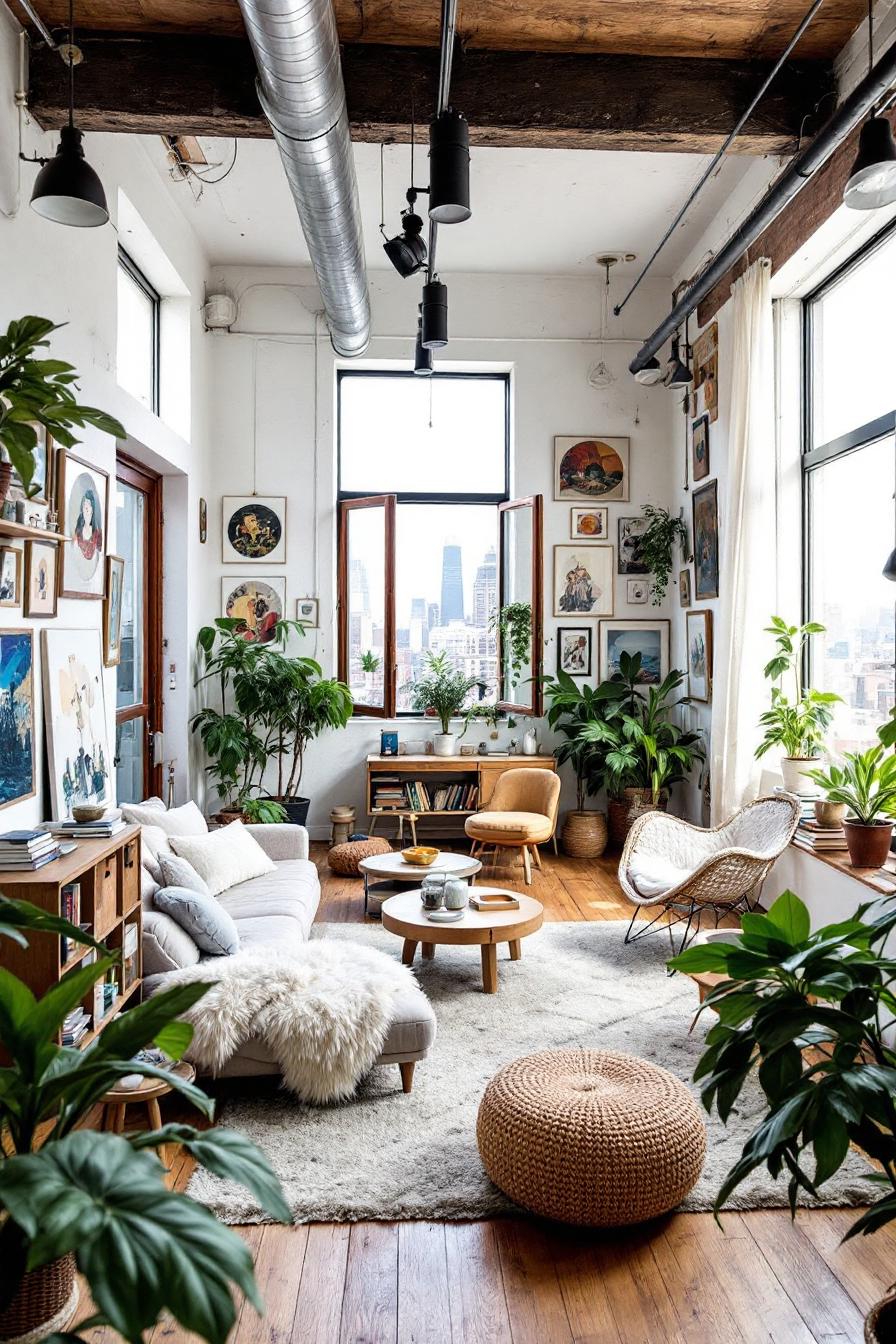 Bright and eclectic loft with plants and art