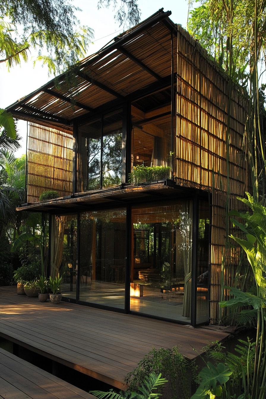 Modern bamboo house with large glass windows surrounded by lush greenery