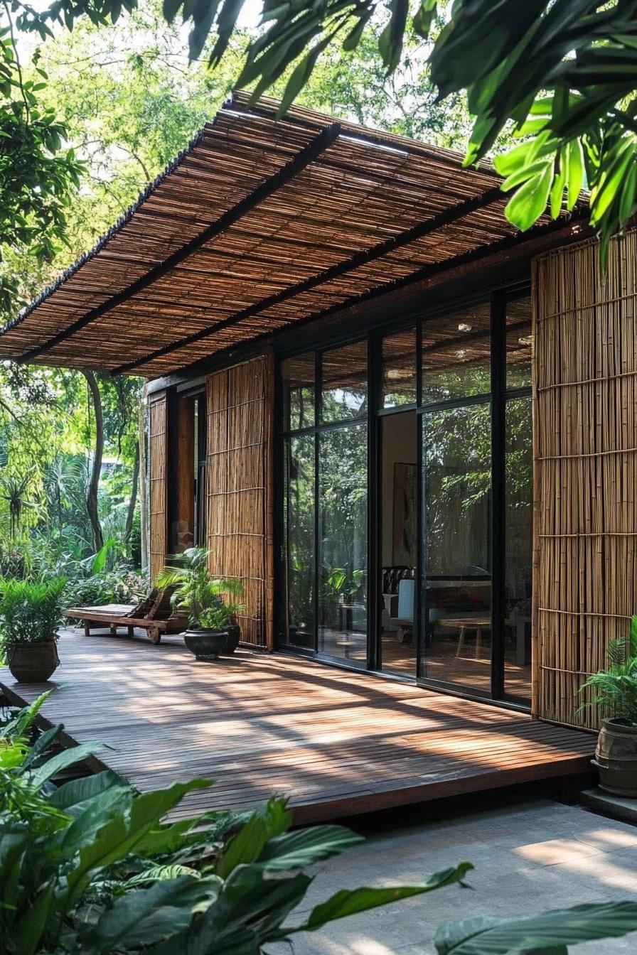 Bamboo house with plants and wooden deck