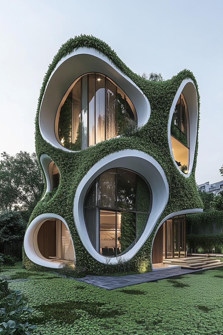 Modern house with plant-covered, organic-shaped exterior