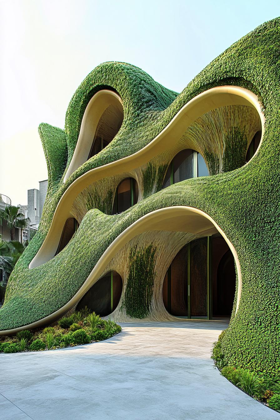 Green, wavy architectural facade with rounded windows