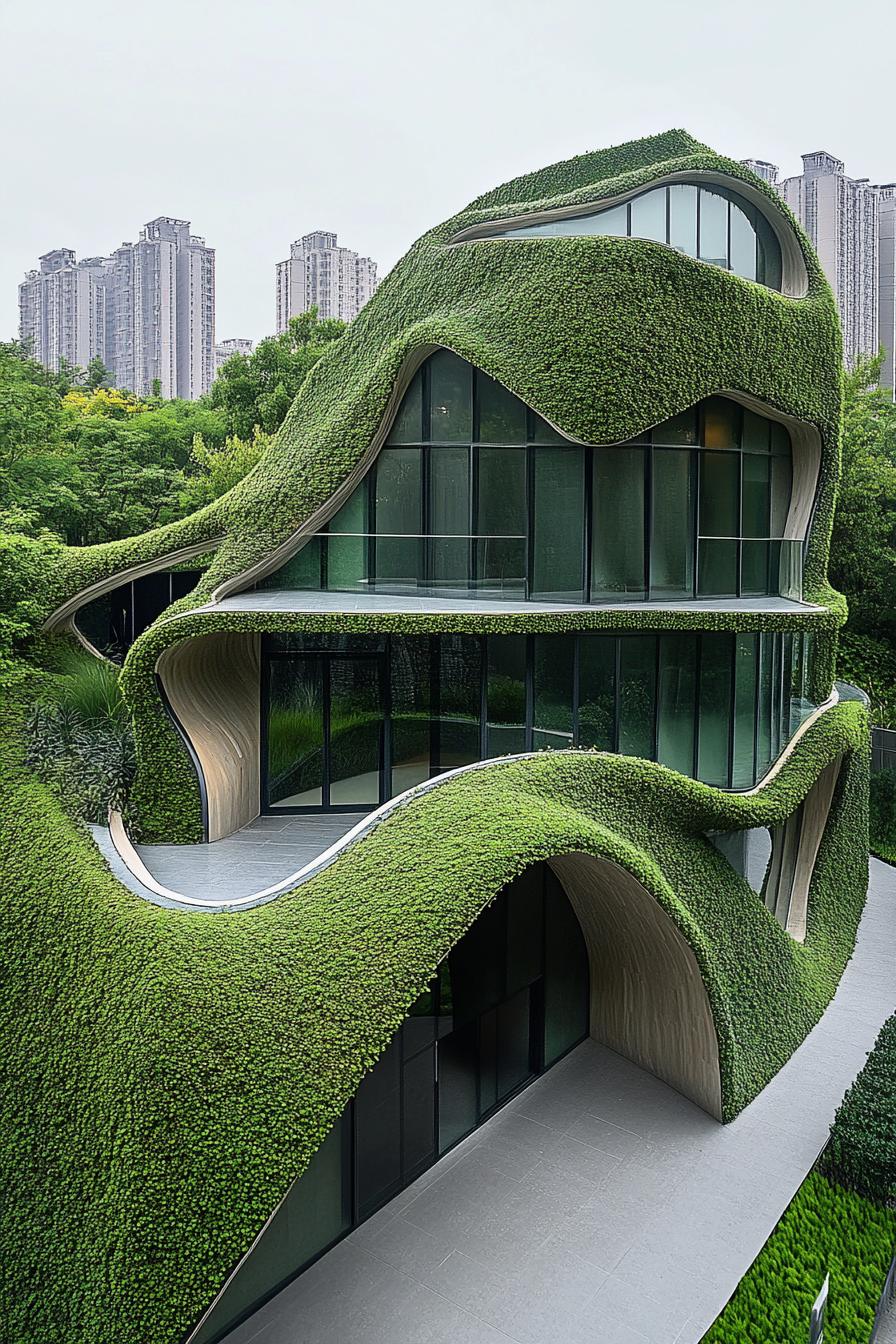 Curvy green architecture with glass windows