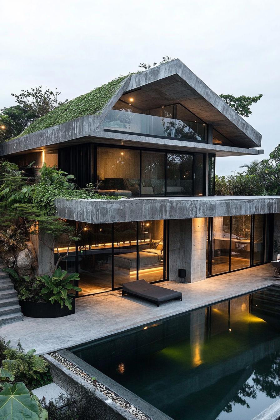 Concrete villa with lush green roof by a poolside