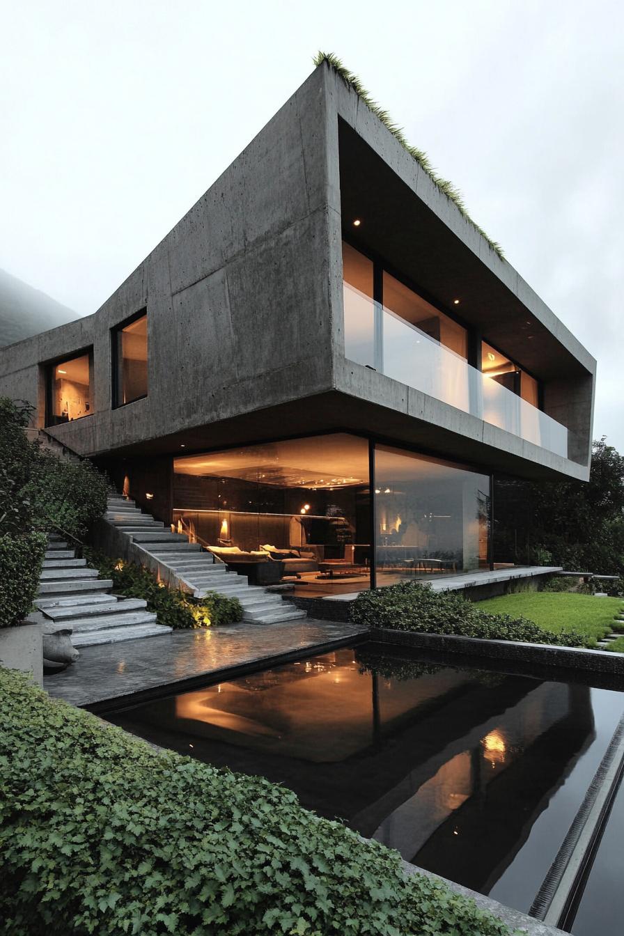 Modern concrete mansion with large windows