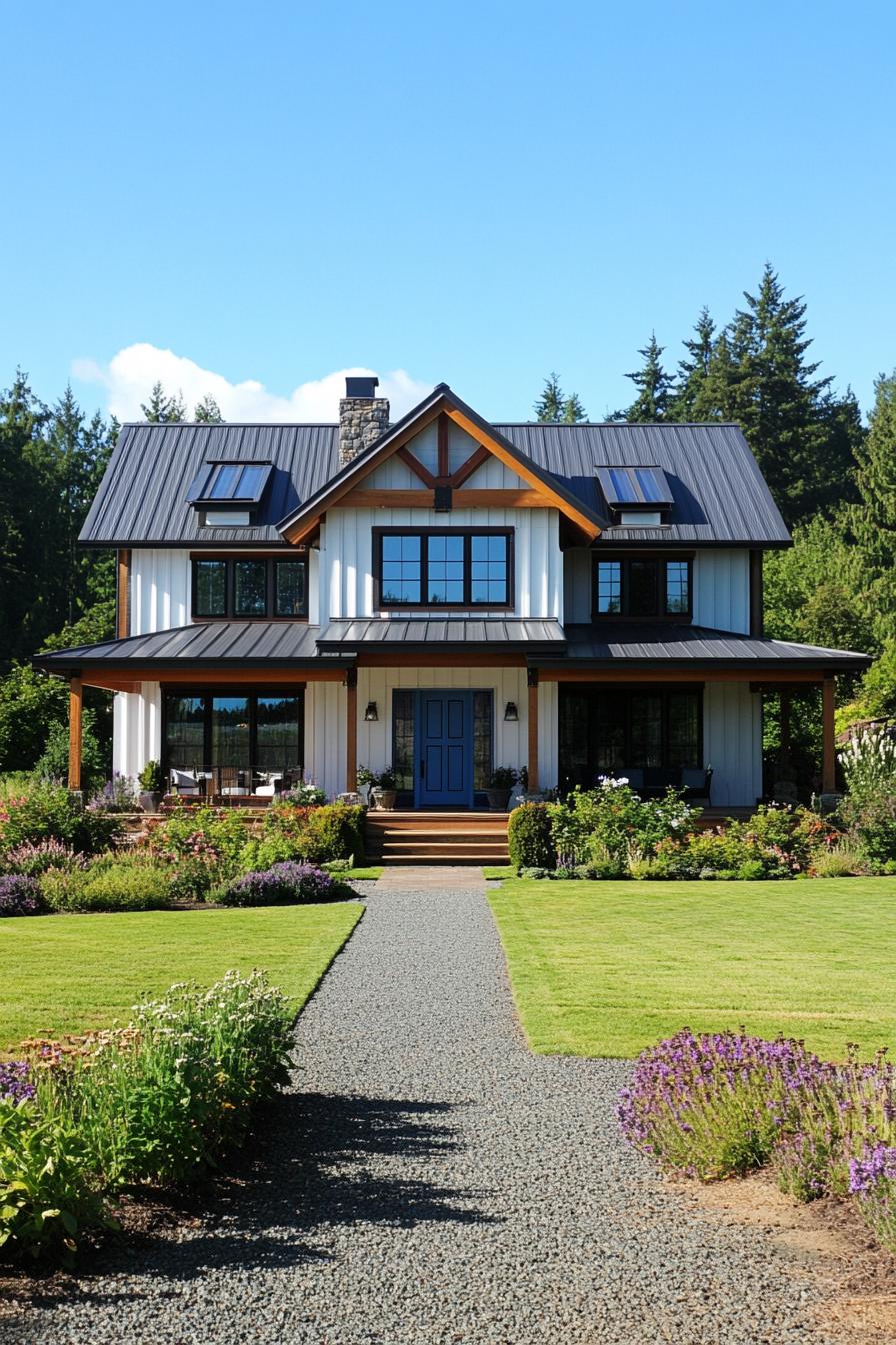 Traditional farmhouse with blue door and metal roof, surrounded by gardens