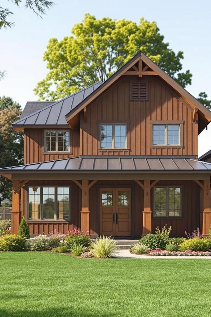 Brown craftsman farmhouse with metal roof and lush lawn