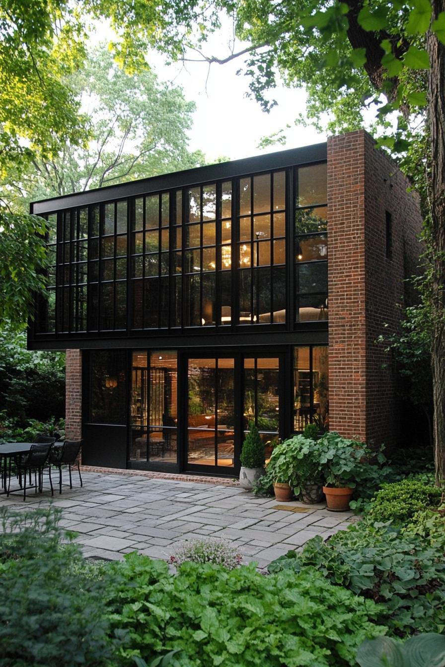 Glass and brick industrial-style house surrounded by lush greenery