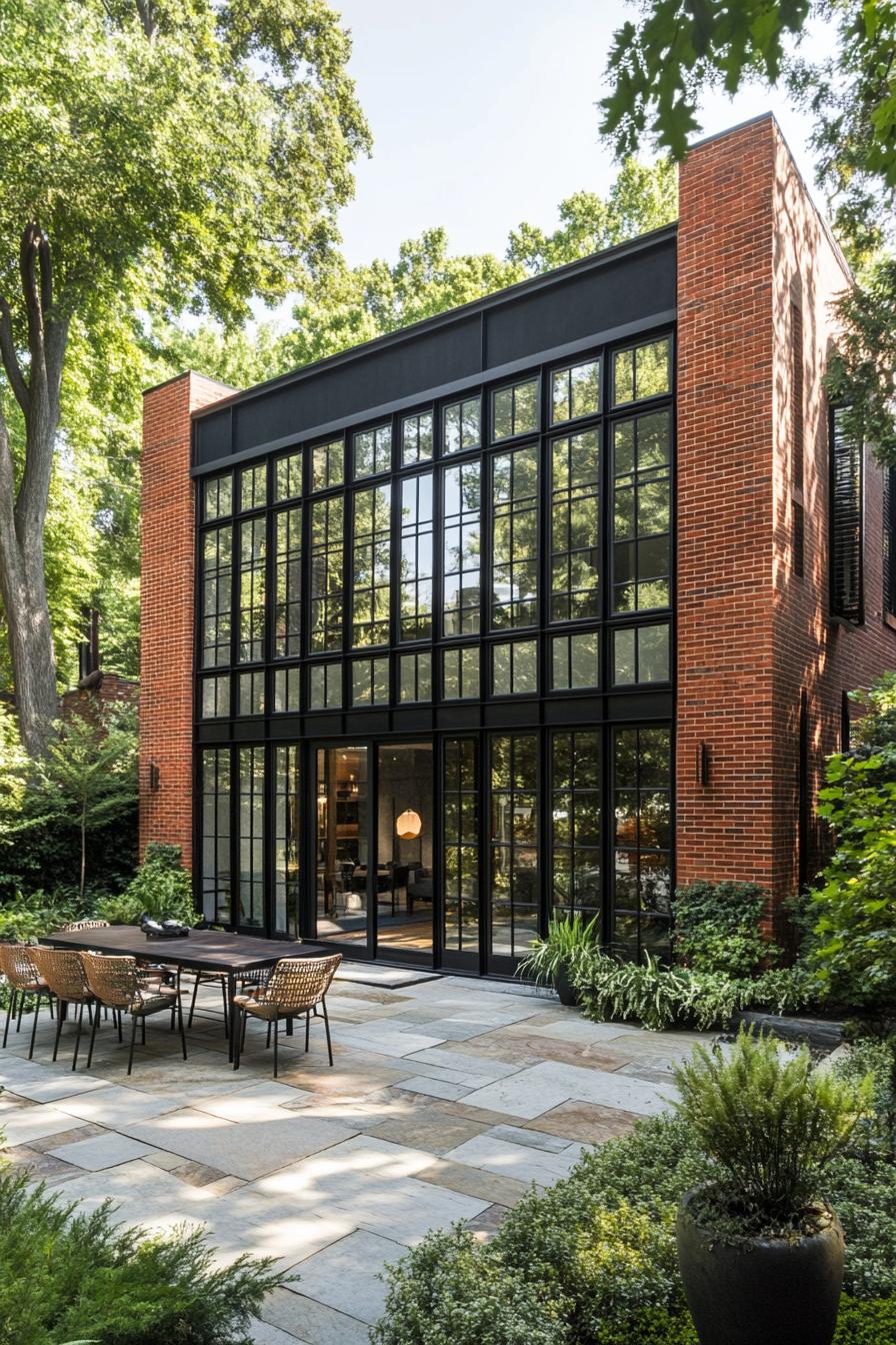 Brick house with glass facade and lush garden