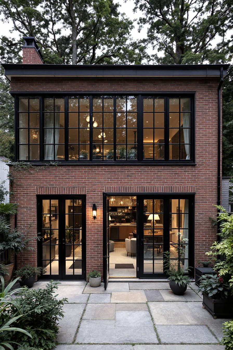 Brick house with large windows and lush greenery