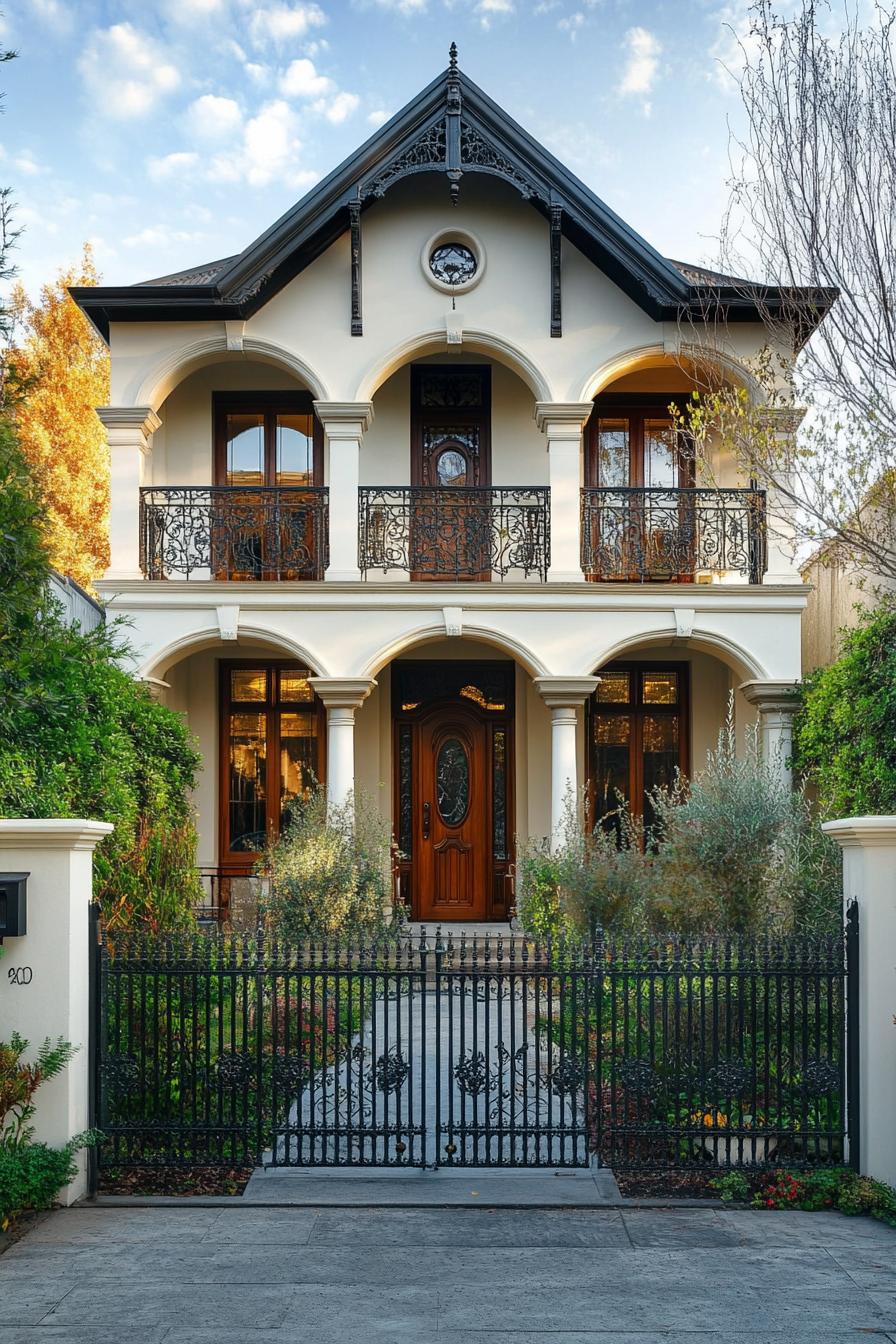 Two-story Victorian house with arched balcony