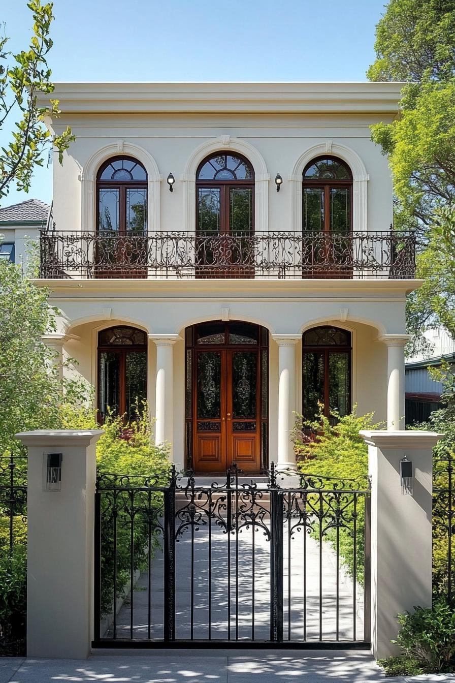 Elegant two-story house with ornate balcony and lush garden