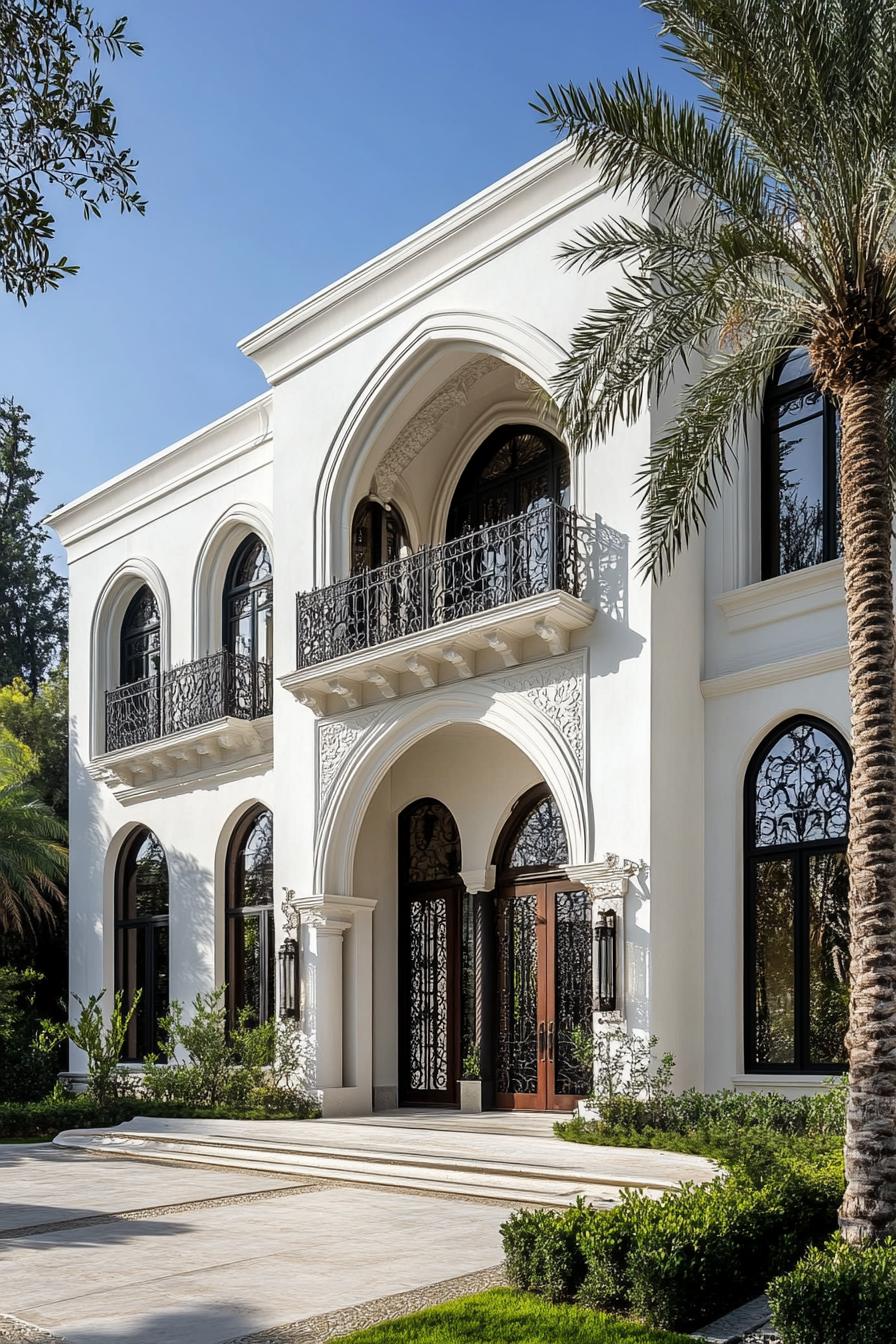 White stucco house with arches and tall windows