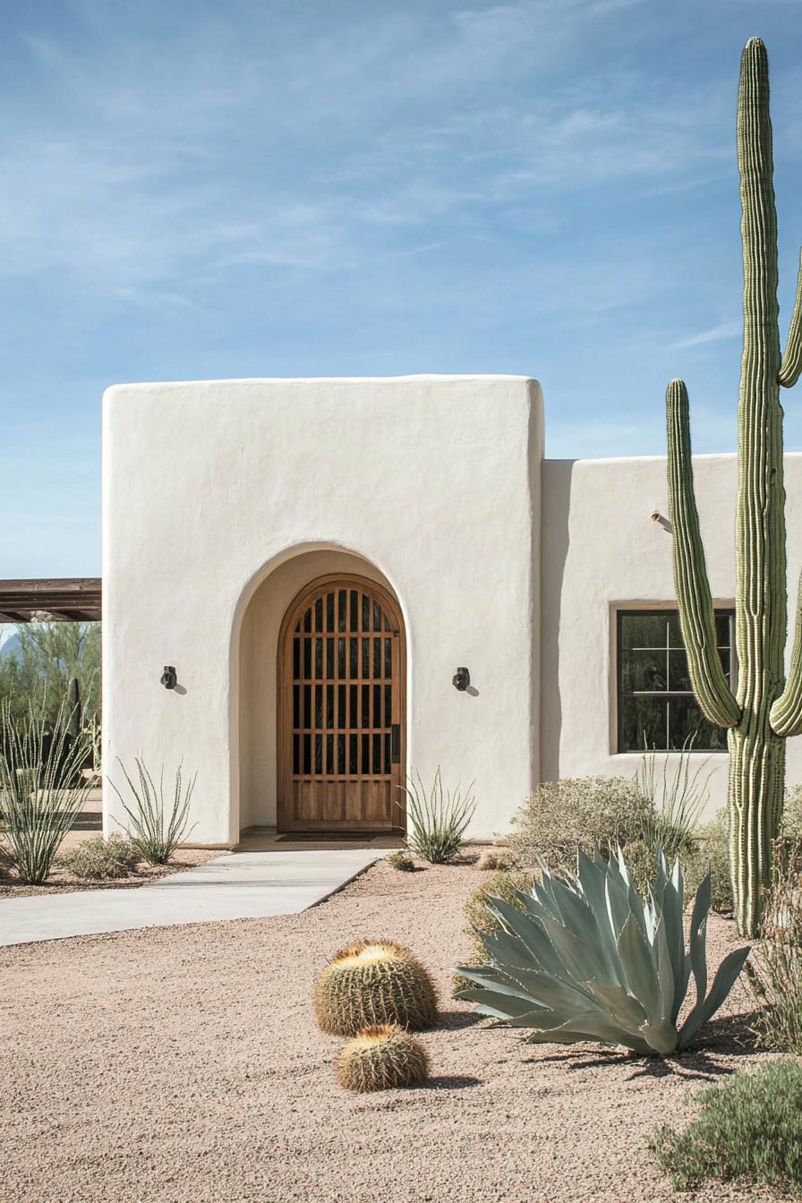 Stucco house with cacti and arched doorway