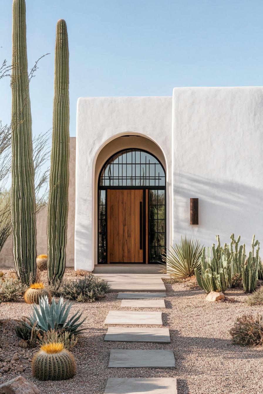 Modern desert home with arched entrance and cacti landscape