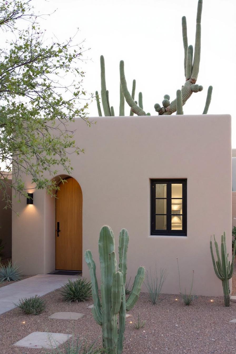 Small adobe house with cacti and a wooden door