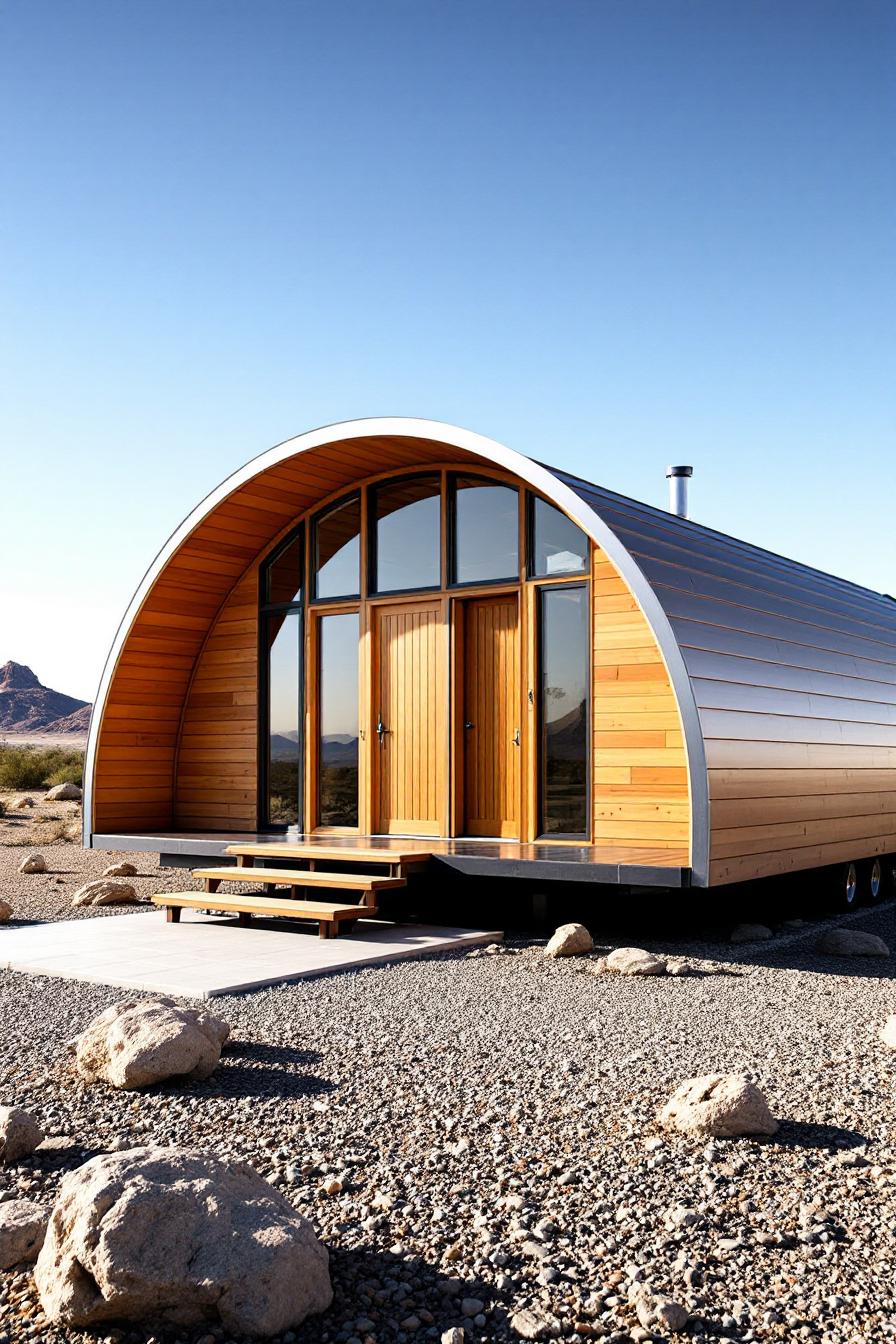 Arched metal structure with wooden accents in a desert landscape