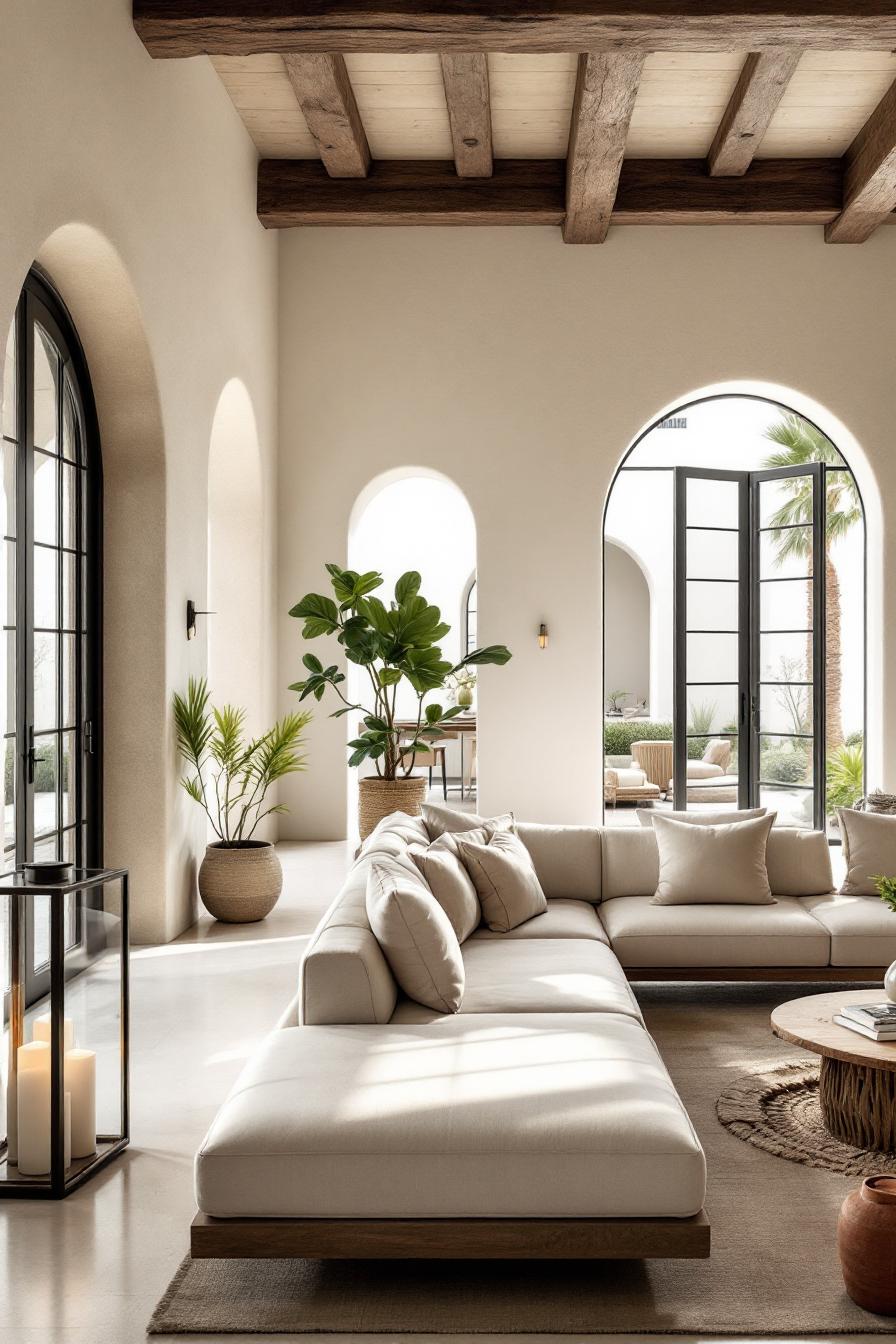 Open living space with arched windows and cozy seating