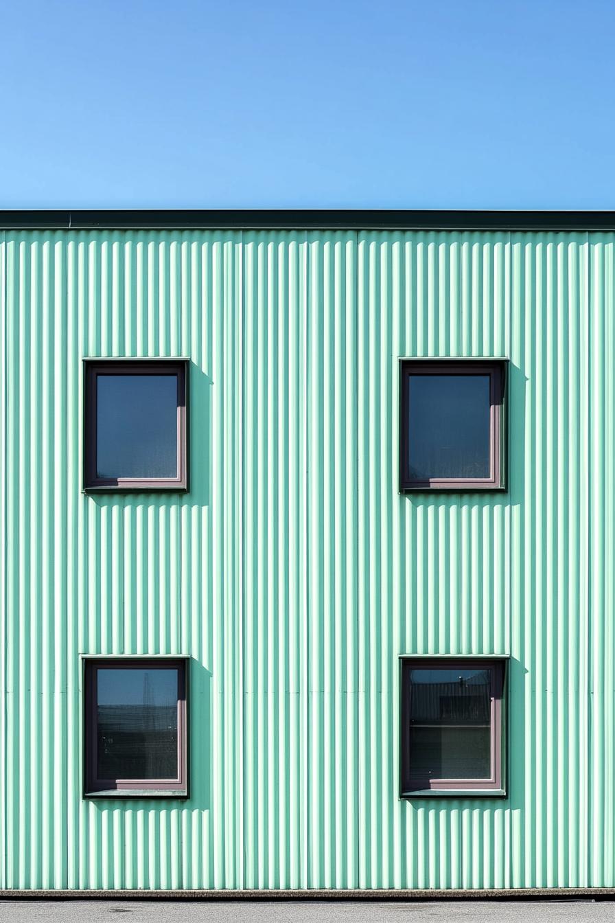 Modern building with light teal corrugated facade and square windows