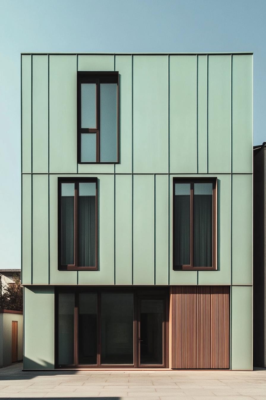 Facade with mint-colored panels and brown windows