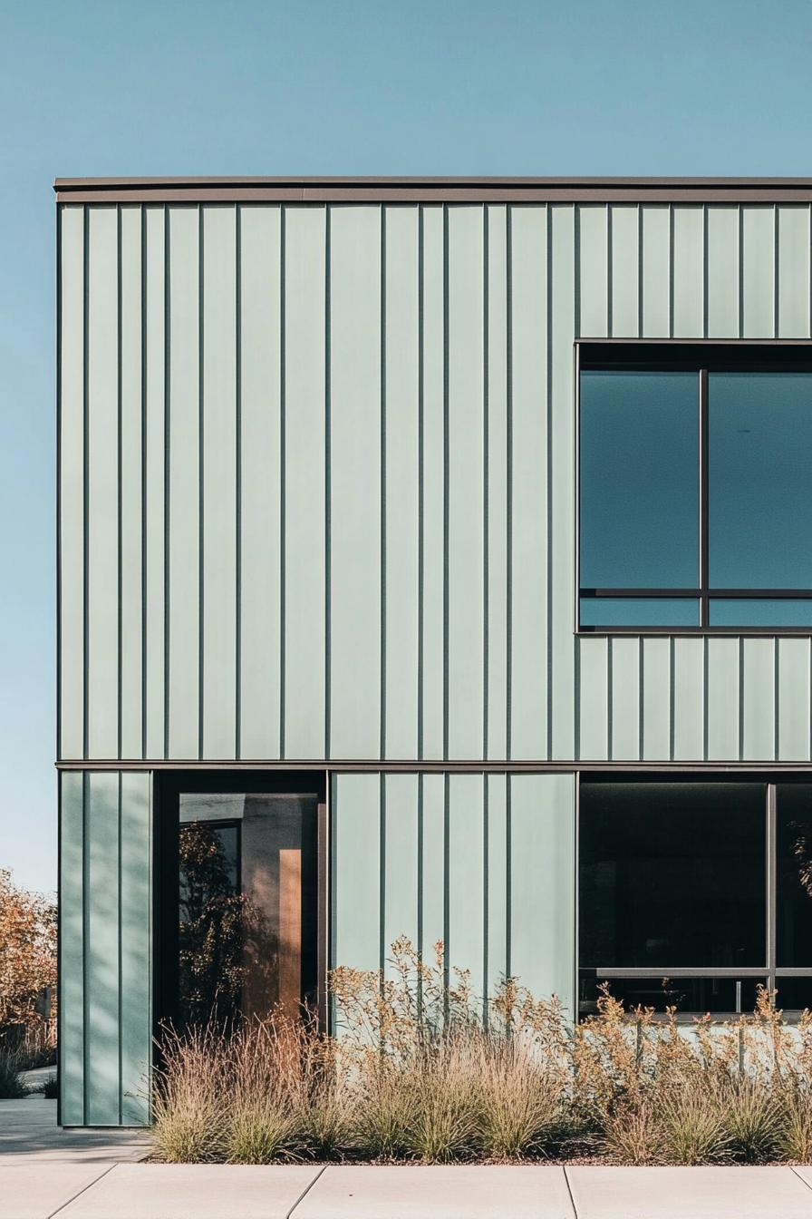 Close-up view of a modern building with vertical mint panels and large windows