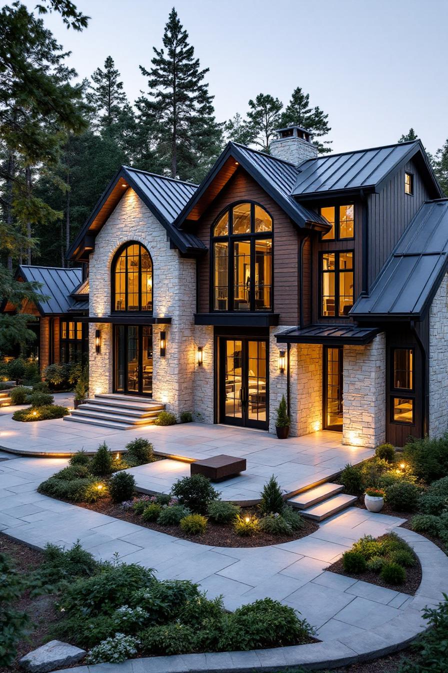 Contemporary farmhouse with stone facade and modern windows