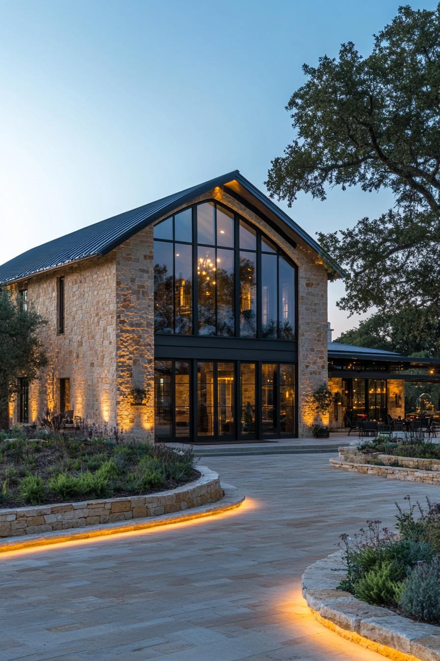 Elegant farmhouse with large glass windows and warm stone facade