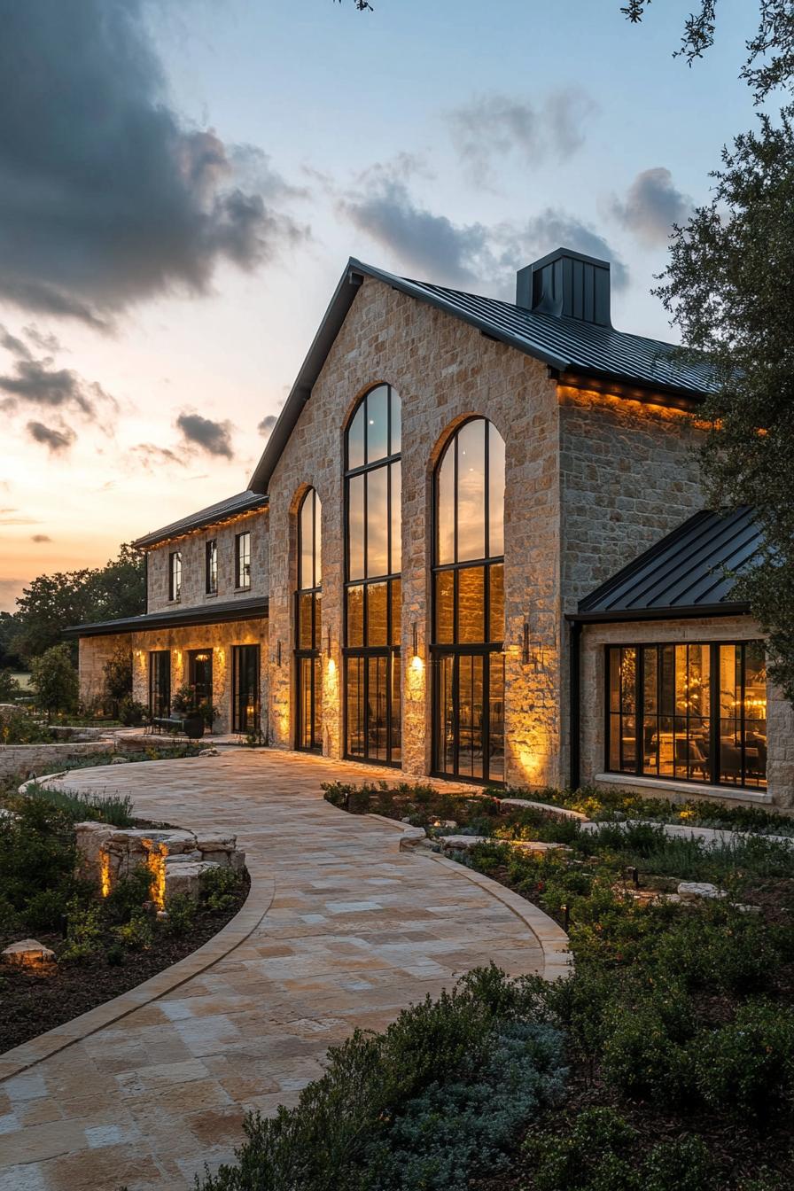 Luxurious stone farmhouse at sunset with large arched windows