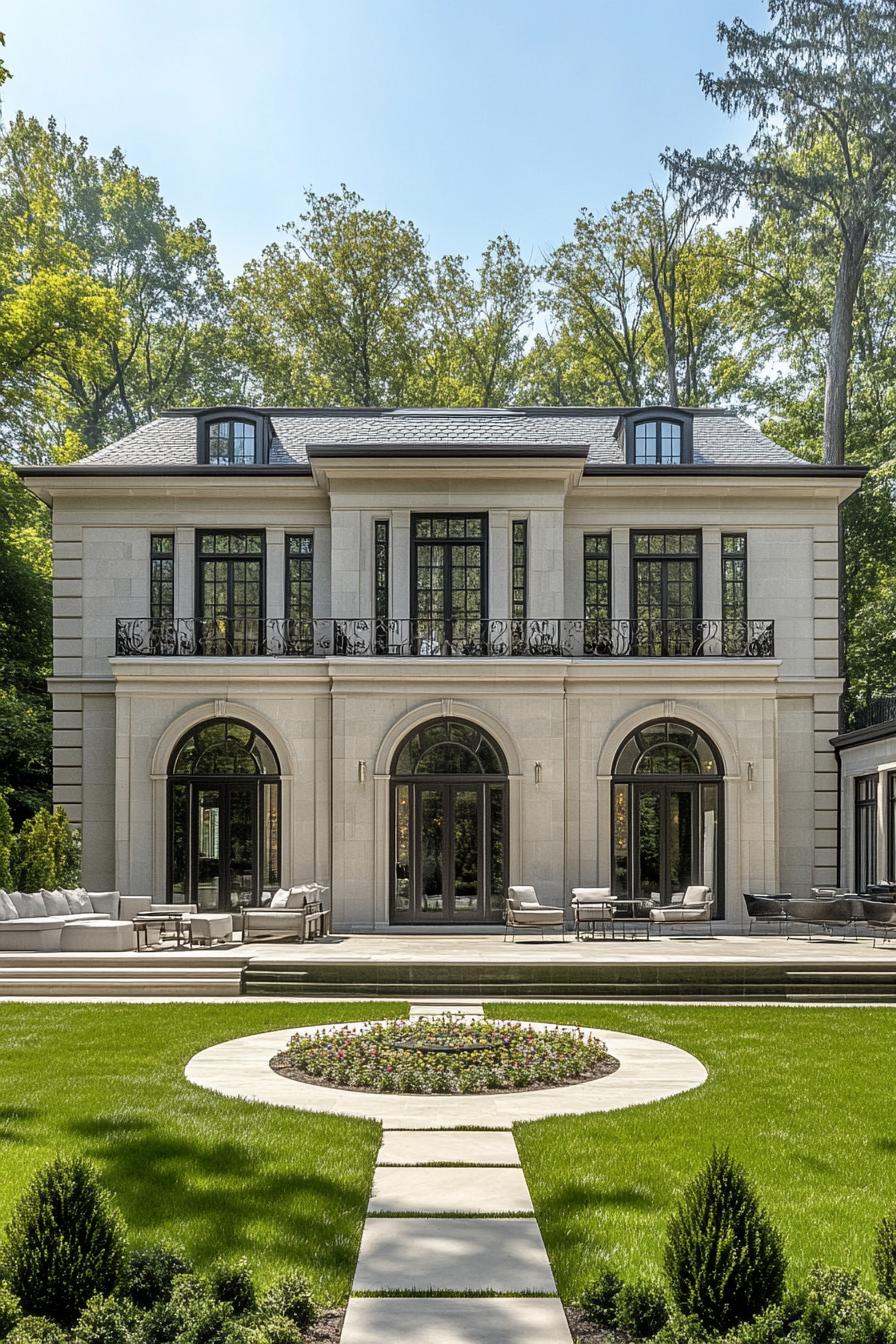 Grand neoclassical house with arched windows and lush greenery