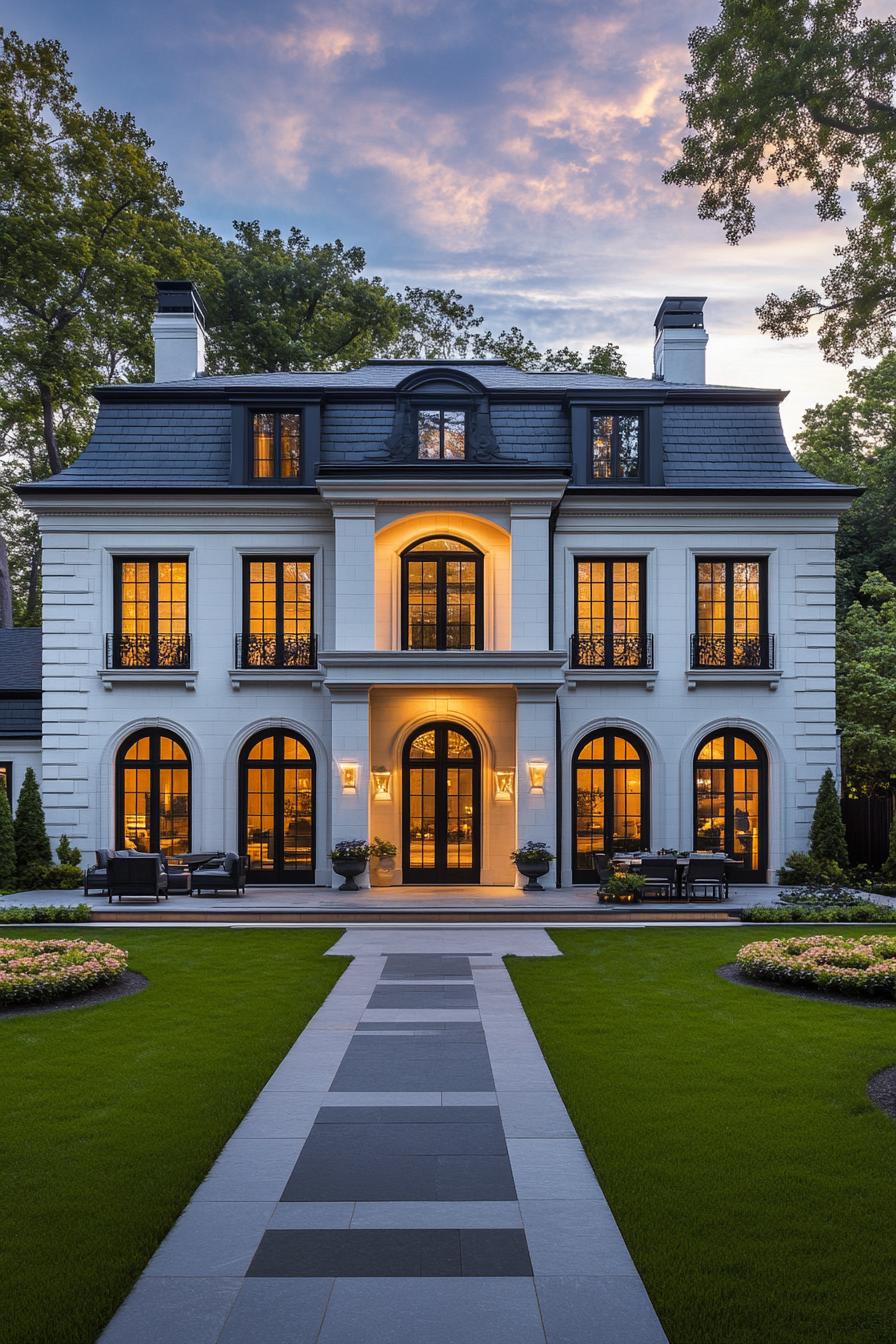 Stately modern neoclassical house with arched windows and lush surroundings